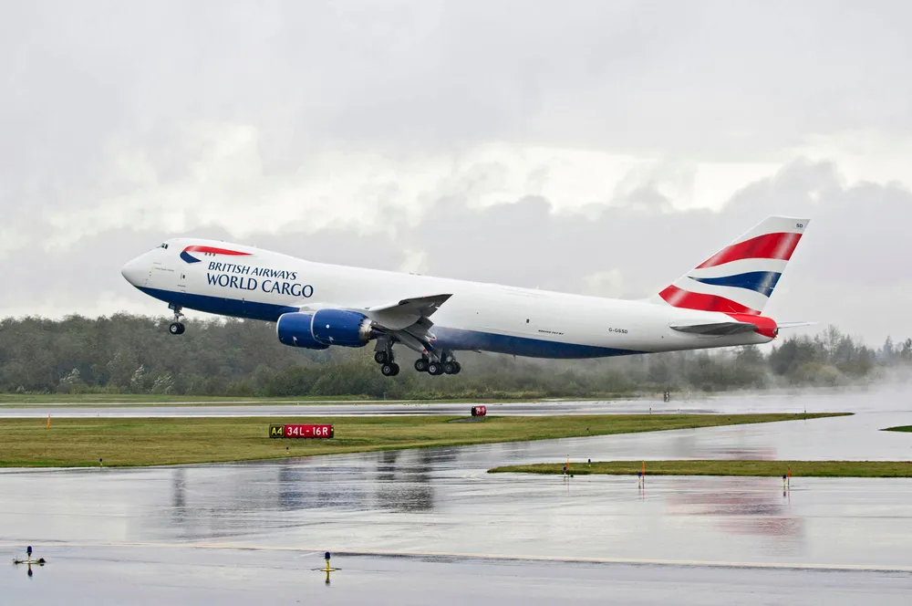 A Boeing 747 cargo plane during take off.