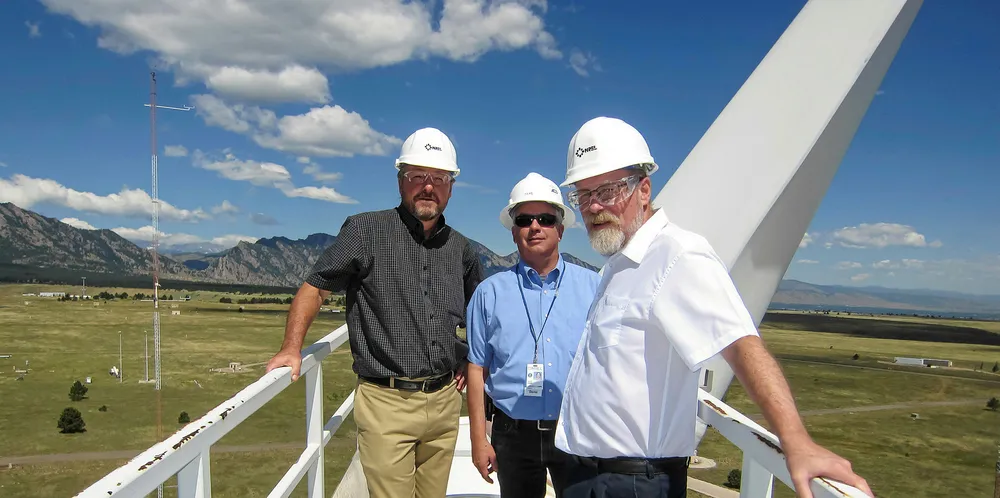NREL's Brian Smith (left) and colleague David Simms with former GWEC secretary-general Steve Sawyer at the National Wind Technology Center in Colorado