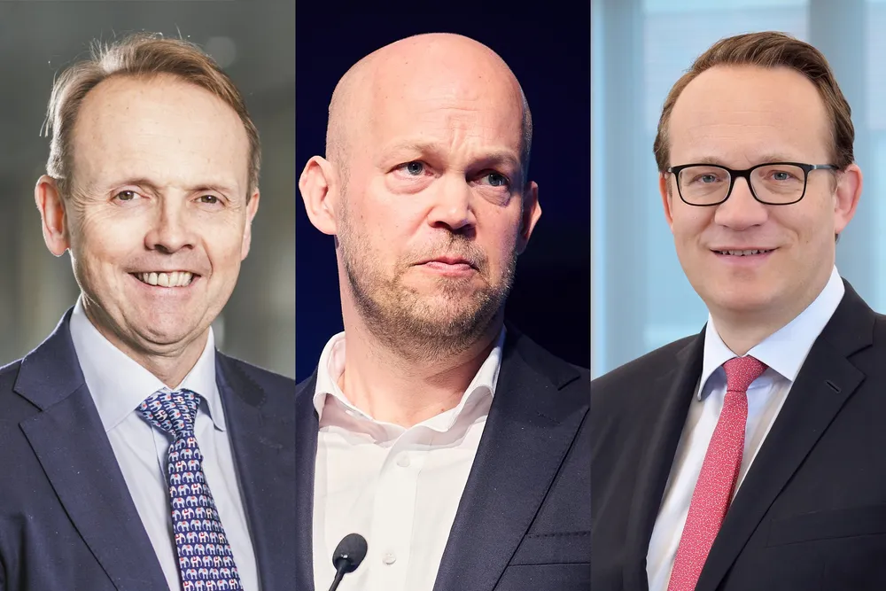 AIistair Phillips-Davies of SSE, Rasmus Errboe of Orsted and Markus Krebber of RWE fight over whether there are any wind theft at the Dogger Bank and Hornsea offshore projects.