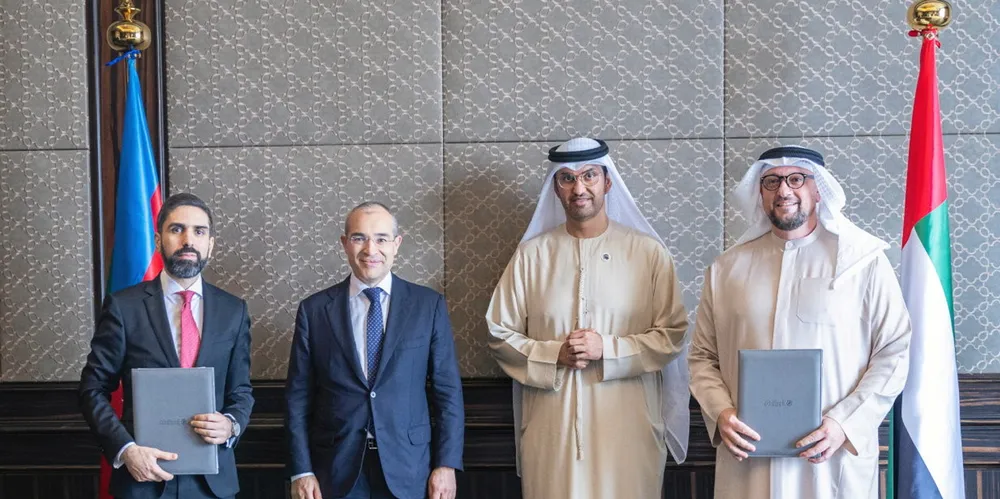 Signed and sealed (left to right): Rovshan Najaf, president of Socar; Mikayil Jabbarov, Azerbaijan's minister of economy; Sultan Ahmed Al Jaber, UAE minister of industry and advanced technology; and Mohamed Jameel Al Ramahi, CEO of Masdar