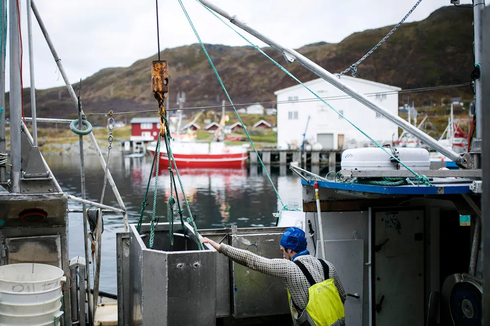 Fisker Johnny Johansen leverer fisk på fiskebruket Nergård Breivikbotn på Sørøya i Finnmark.