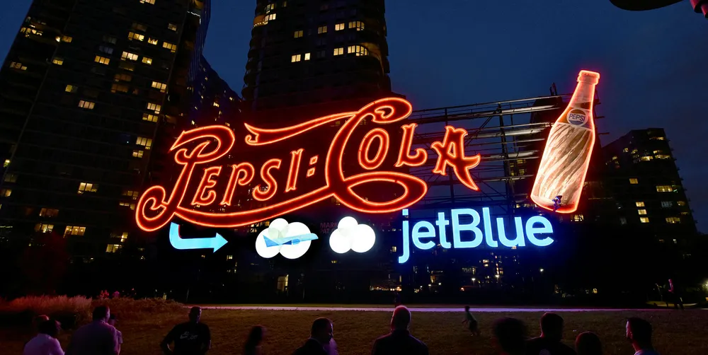 PepsiCo and JetBlue light up the sky in Long Island City, New York.