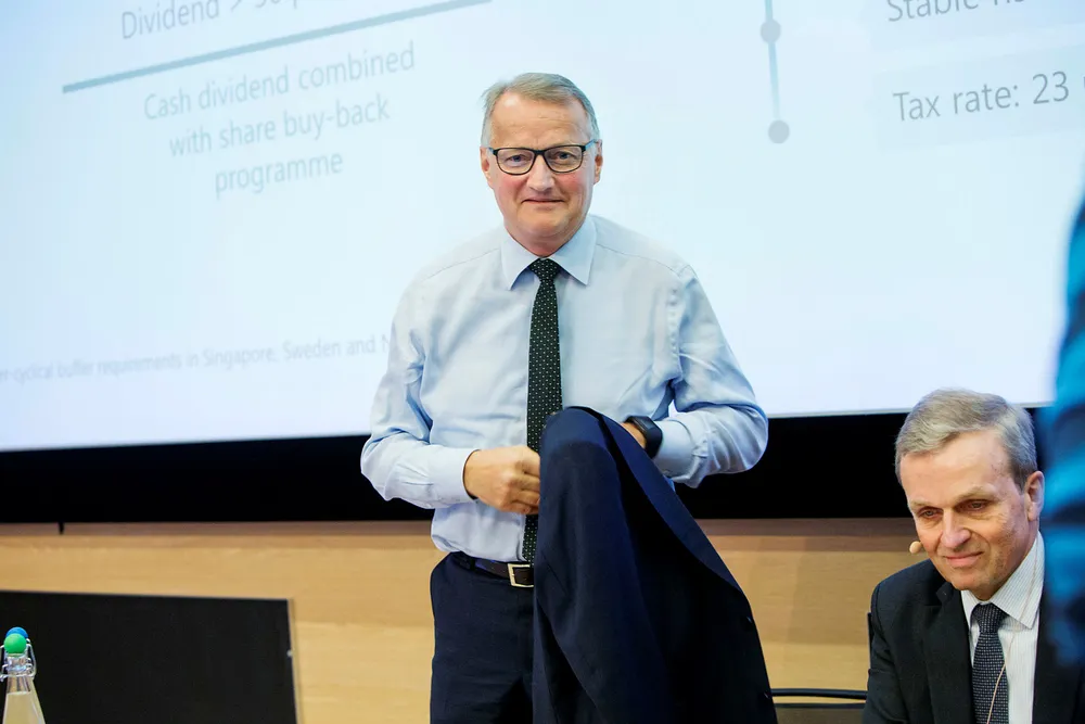 Konsernsjef i DNB, Rune Bjerke (til venstre) og finansdirektør Bjørn Erik Næss, under fremleggelsen av DNBs kvartalstall. Foto: Thomas Kleiven