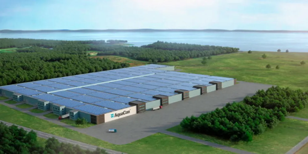 AquaCon has a production volume target of 50,000 metric tons of salmon over six years. Pictured above is a rendering of the proposed land-based salmon facility in Maryland.