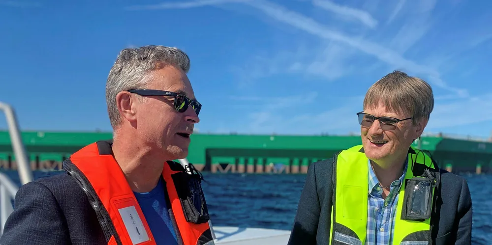 Inge Berg, founder of private salmon farmer Nordlaks (right) with the Minister of Fisheries and Seafood Odd Emil Ingebrigtsen.