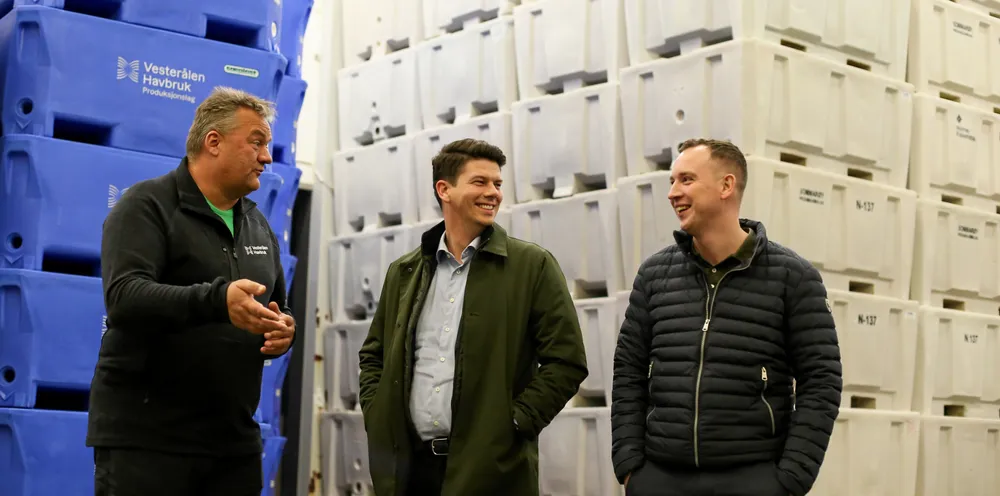 Vesterålen Havbruk har store vyer for fremtida. Fra venstre: Havbruksdirektør i konsernet, Andre Reinholdtsen, sammen med daglig leder Brynjar Kværnstuen og sjef i datterselskapet Vesterålen Havbruk Produksjonslag, Sondre Mortensen.