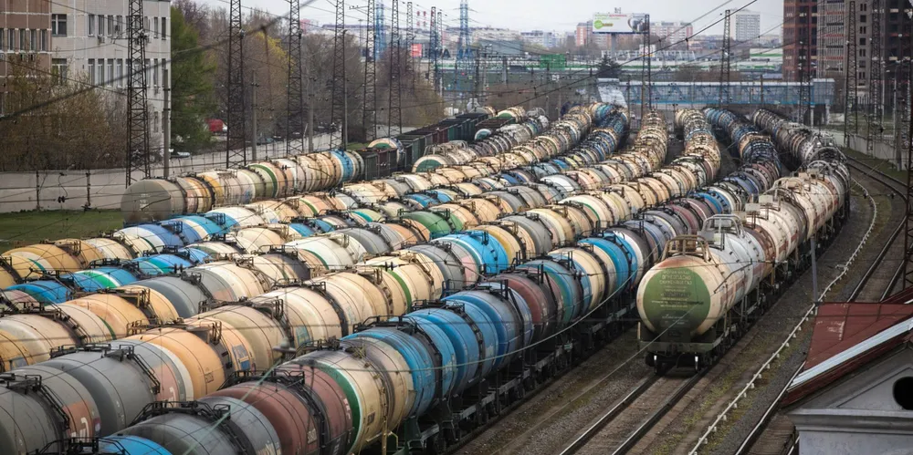Rail wagons for oil, fuel and liquefied gas cargo stand in a Russian railway station.