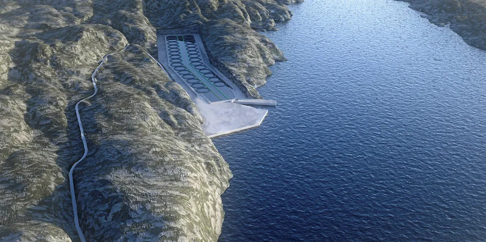 Illustrasjon av Losna Seafoods landbaserte anlegg på Solund i Sogn og Fjordane. Anlegget skal ligge 35 meter under havoverflaten inne i fjellet. Sirkulasjon i bassenget skal drives av flo og fjære ved hjelp av et gjennomstrømningsanlegg.