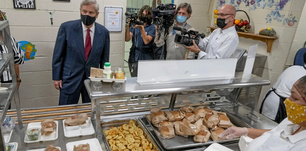 Agriculture Secretary Tom Vilsack tours Riverdale Elementary School, a Prince George’s County public school, during lunch service on Tuesday, October 12, 2021. He talks with parents, school officials and nutrition professionals about the critical role strong in-school nutrition programs play in ensuring children receive nutritious meals.