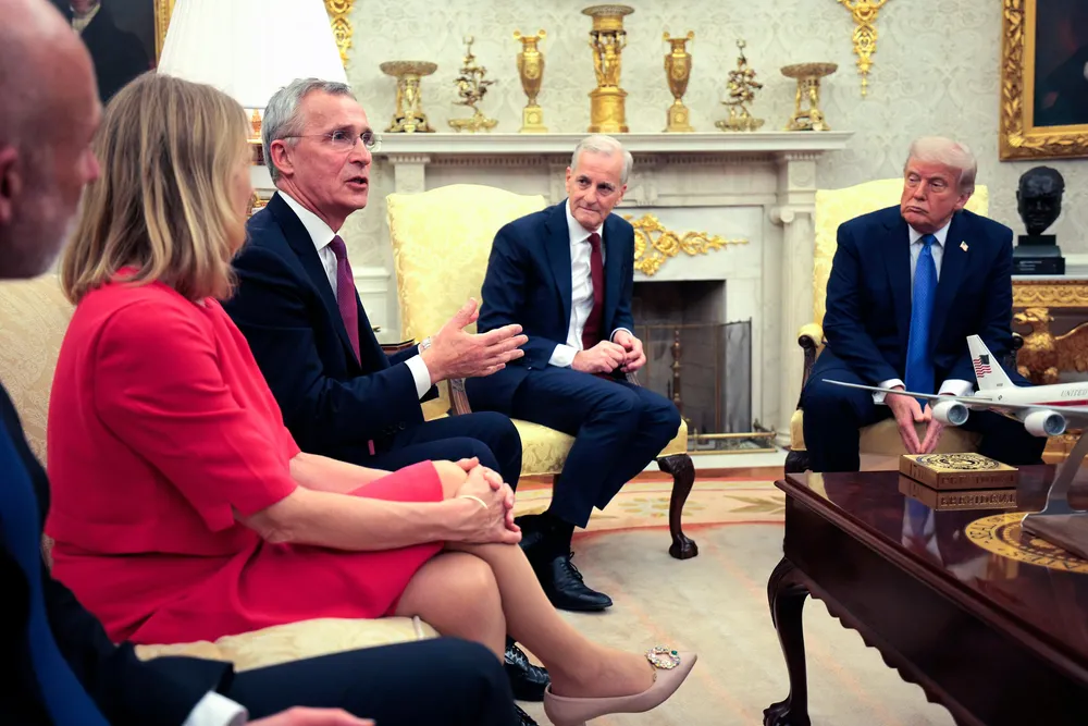 Norway's Finance Minister and former NATO Secretary General Jens Stoltenberg delivers remarks during an Oval Office meeting with Norway's Prime Minister Jonas Gahr Store and US President Donald Trump.