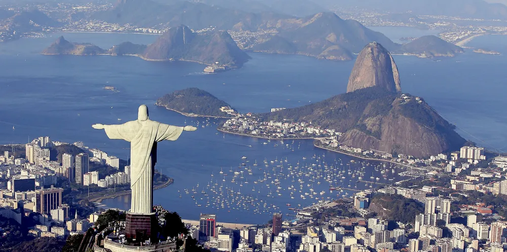 Aerial view of Christ the Redeemer, Flamengo Beach, the Sugar Loaf and Guanabara Bay.