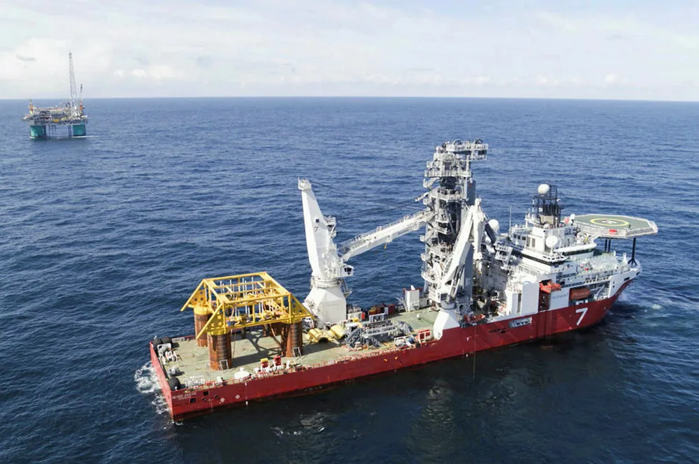 On the job: Seven Arctic at Nova for template installation, with Gjoa platform in background