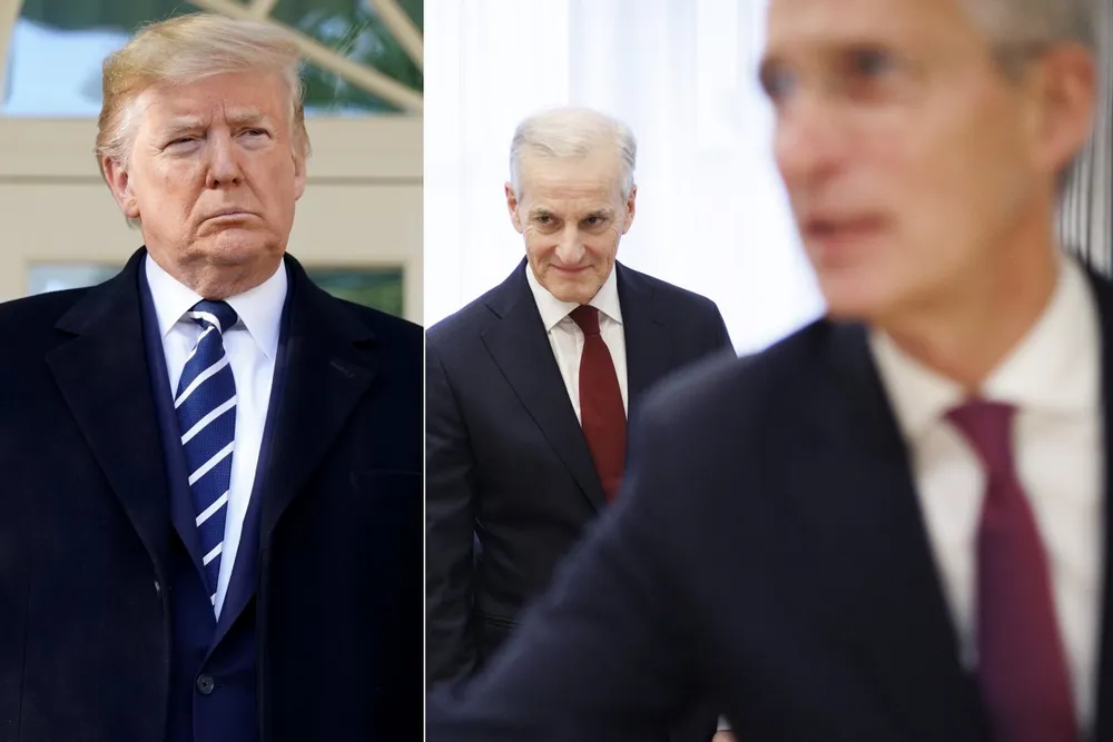 Statsminister Jonas Gahr Støre og finansminister Jens Stoltenberg (til høyre) møter USAs president Donald Trump i Det hvite hus torsdag 24. april.