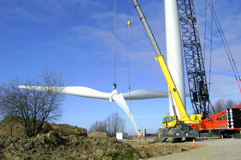 A wind turbine under construction in the US.