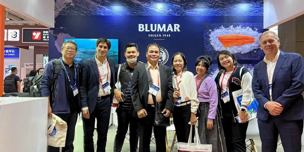 Blumar Sales and Commercial Director Daniel Montoya (far right) pictured at the China Fisheries and Seafood 2023 trade fair in Qingdao, China, is overseeing the export drive.