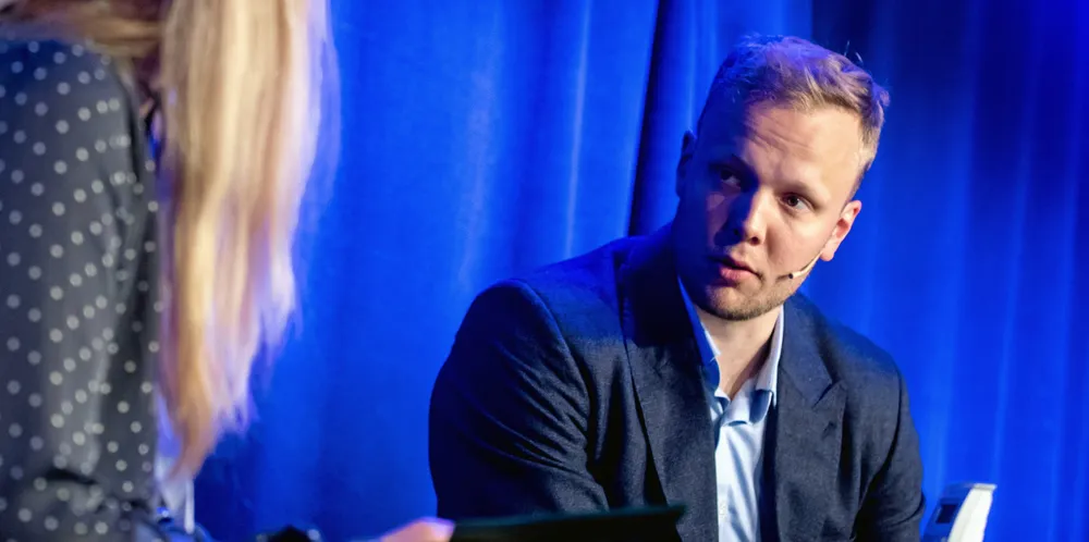 IntraFish's Camilla Aadland interviews Eide Fjordbruk General Manager Sondre Eide in Bergen in 2019.