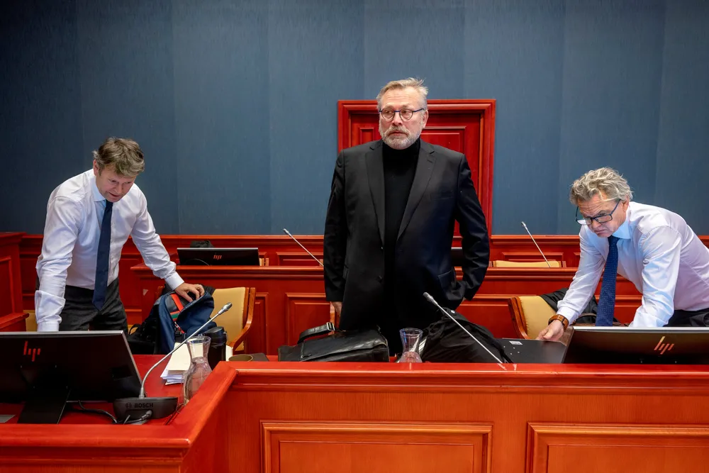 Rune Breili avbildet under rettssaken i Agder lagmannsrett. Forsvarer Thomas Skjelbred til venstre.