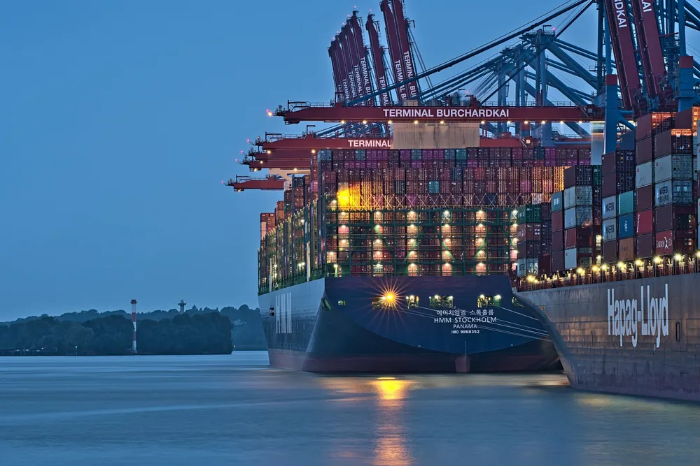 Container ships call at the port of Hamburg.