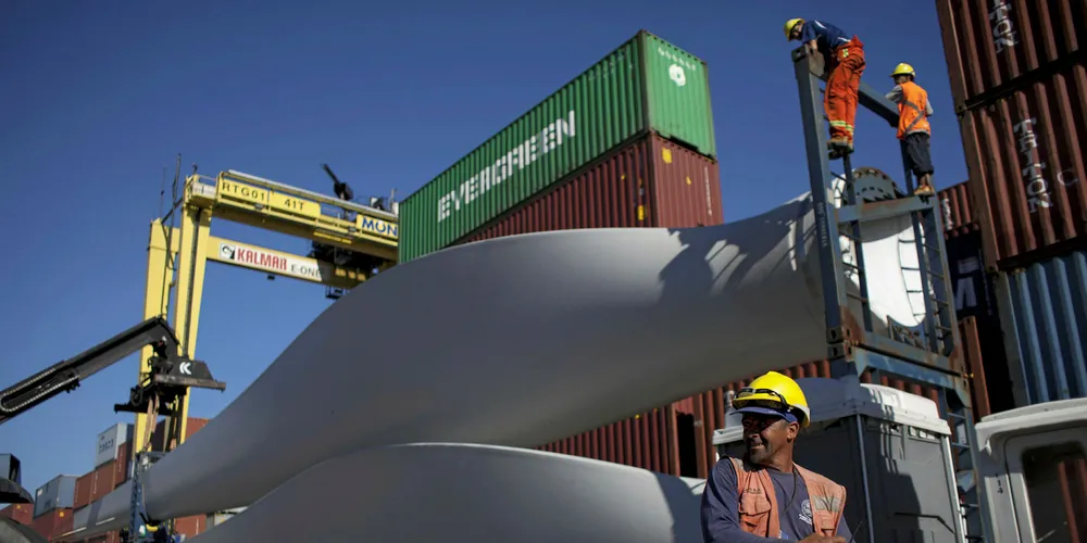 Turbine blades arrive at the port of Montevideo. Now Uruguay is poised to send wind power to Argentina.