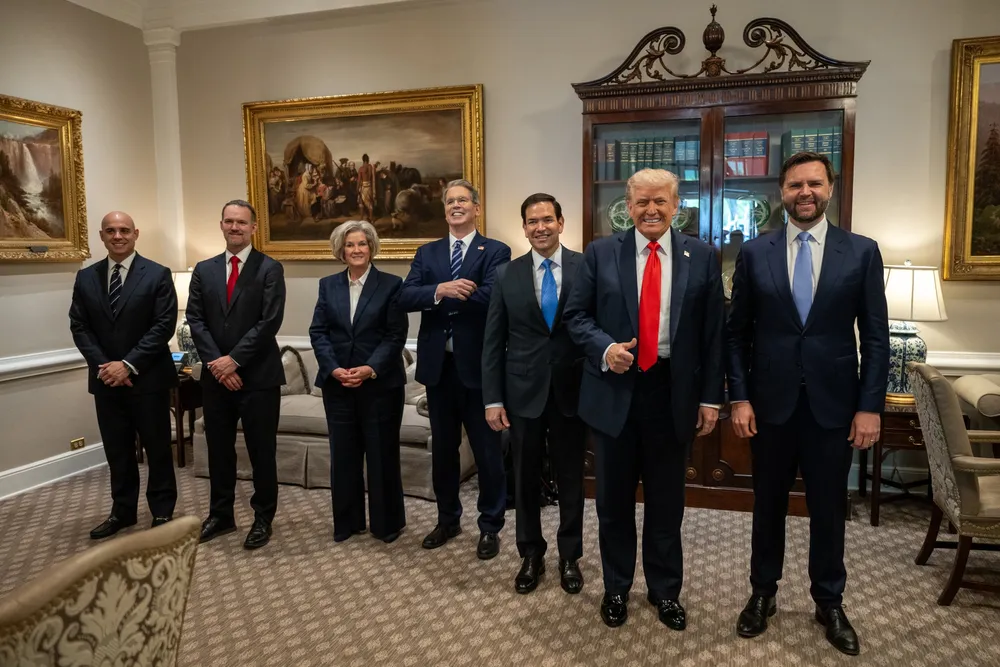 US President Donald Trump poses with administration officials in the White House on 5 June. US Trade Representative Jamieson Greer is second from left.