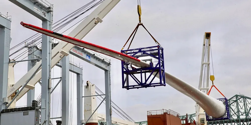 Haliade-X blade being off-loaded in Boston Harbour