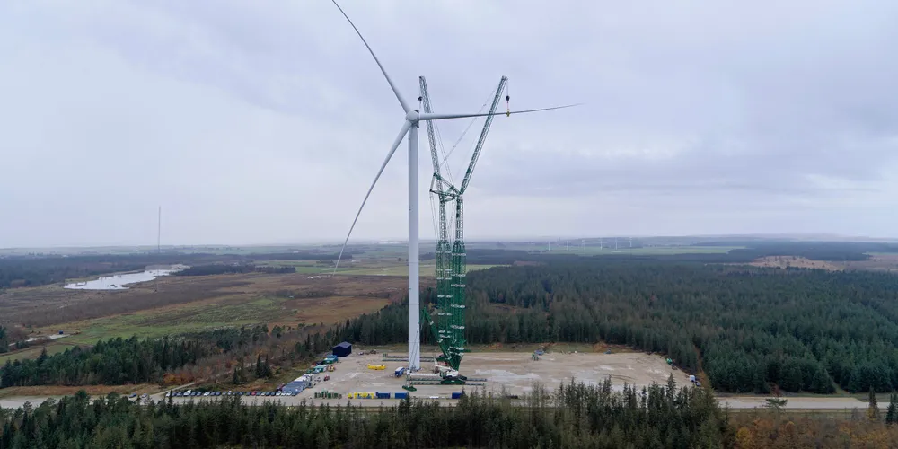 The protoype of Siemens Gamesa's 14MW SG 14-22 DD wind turbine being installed at Osterild, Denmark.