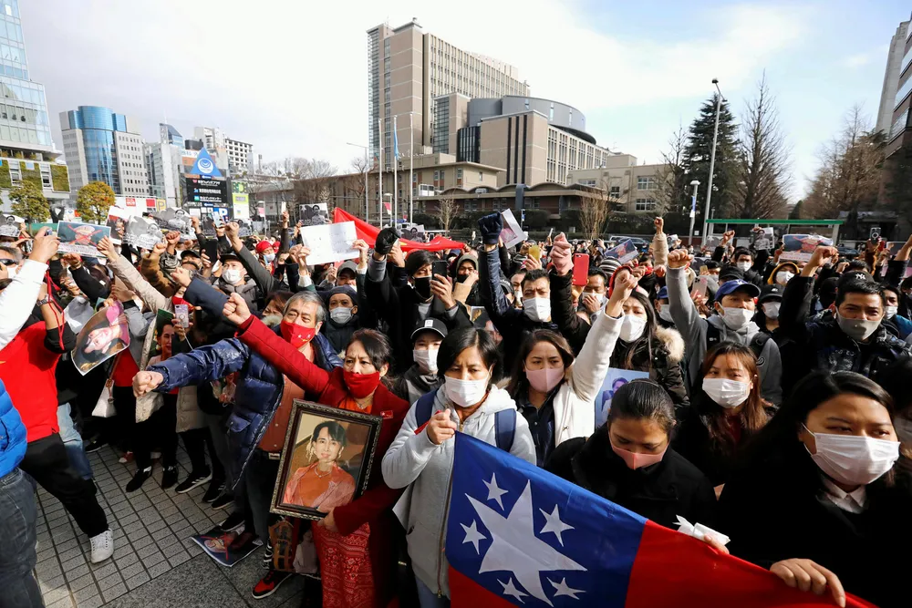 Protests: Myanmar nationals residing in Japan rally against Myanmar's military, which on Monday seized power from the democratically elected government