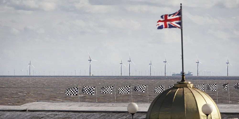 The UK's Gunfleet Sands wind farm, as seen from the town of Clacton-on-Sea.