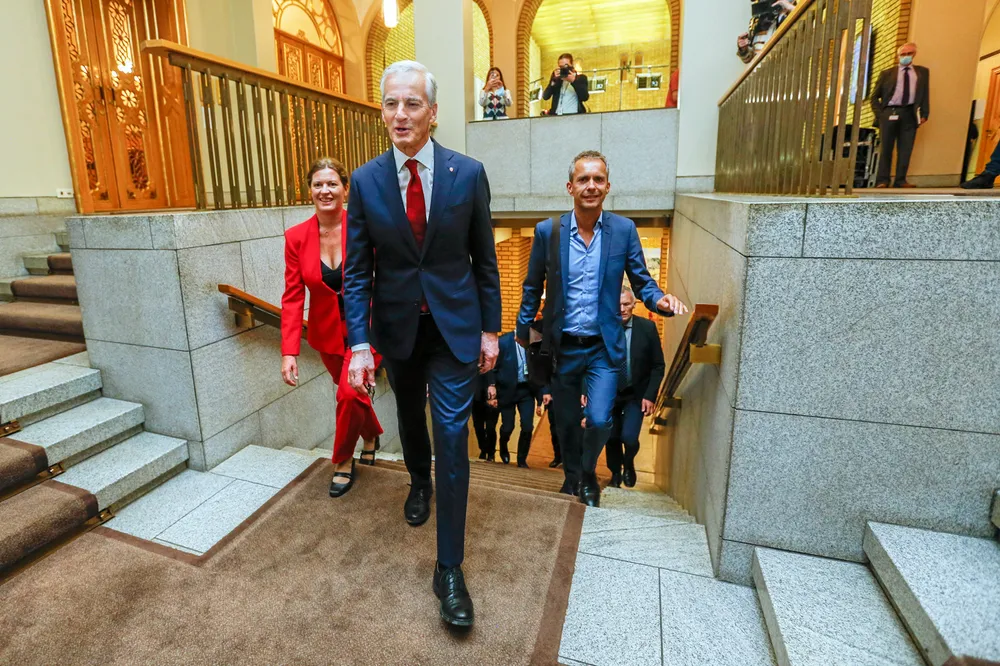 Stepping in: Norway's prime minister-elect Jonas Gahr Store arrives in parliament
