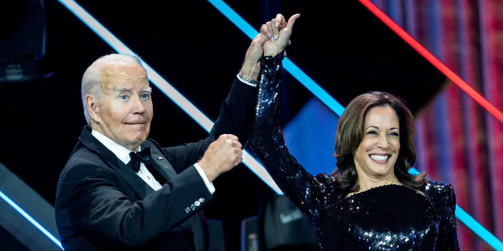 US President Joe Biden (left) has built on tariffs imposed by predecessor Donald Trump, who faces Vice President Kamala Harris (right) in November’s election.