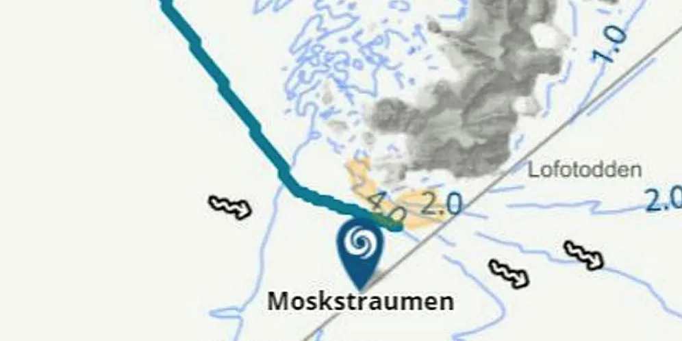 Kystverkets varsel i Moskstraumen viser strømmen og i tillegg strinder som oppstår.