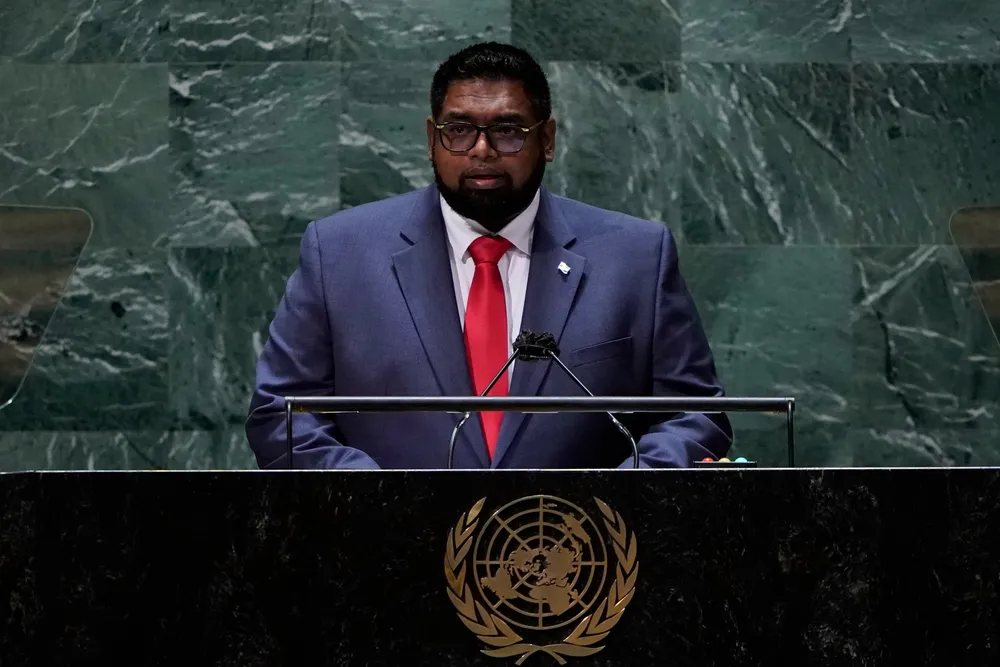 Mohamed Irfaan Ali, President of Guyana, addressing the 76th Session of the UN General Assembly in September 2021.