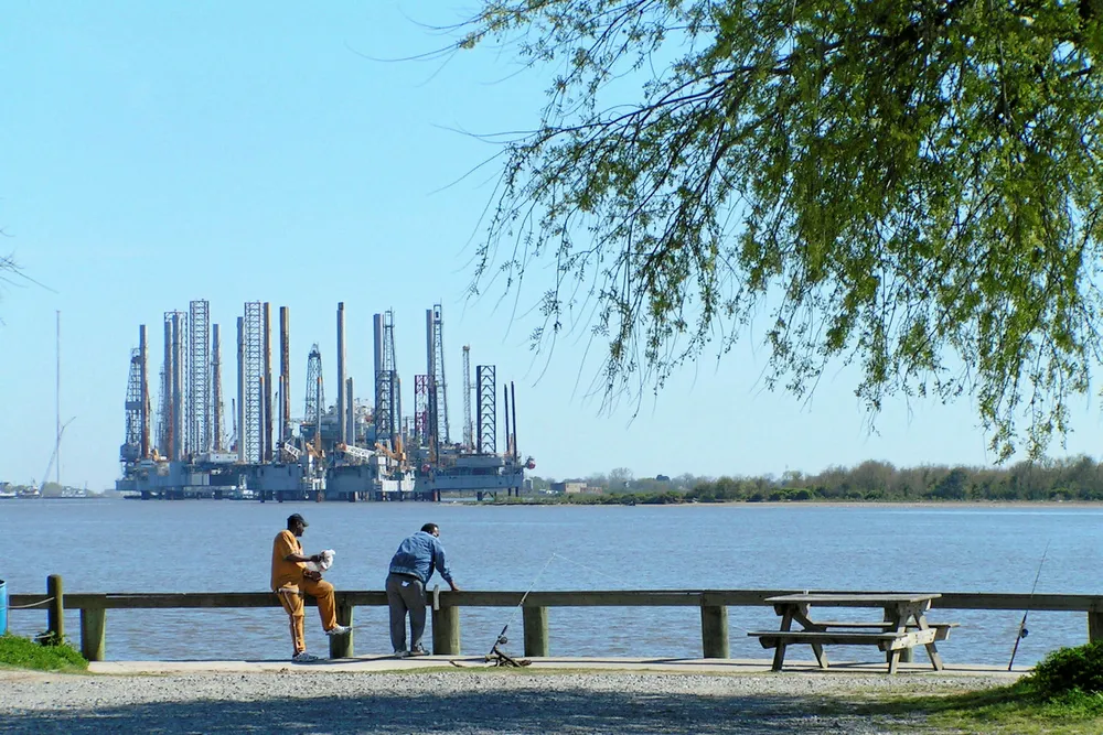 Rigs stacked in Sabine Pass as seen from Walter Umphrey State Park in Texas, a seven-acre recreational park located at the southern tip of Pleasure Island next to the causewayto Cameron Parish, Louisiana. March 2005. Source: ANTHONY GUEGEL