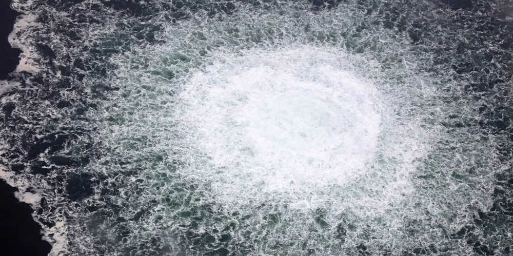 A gas leak causes bubbles on the surface of the water at Sea in Sweden above the Nord Stream gas pipeline