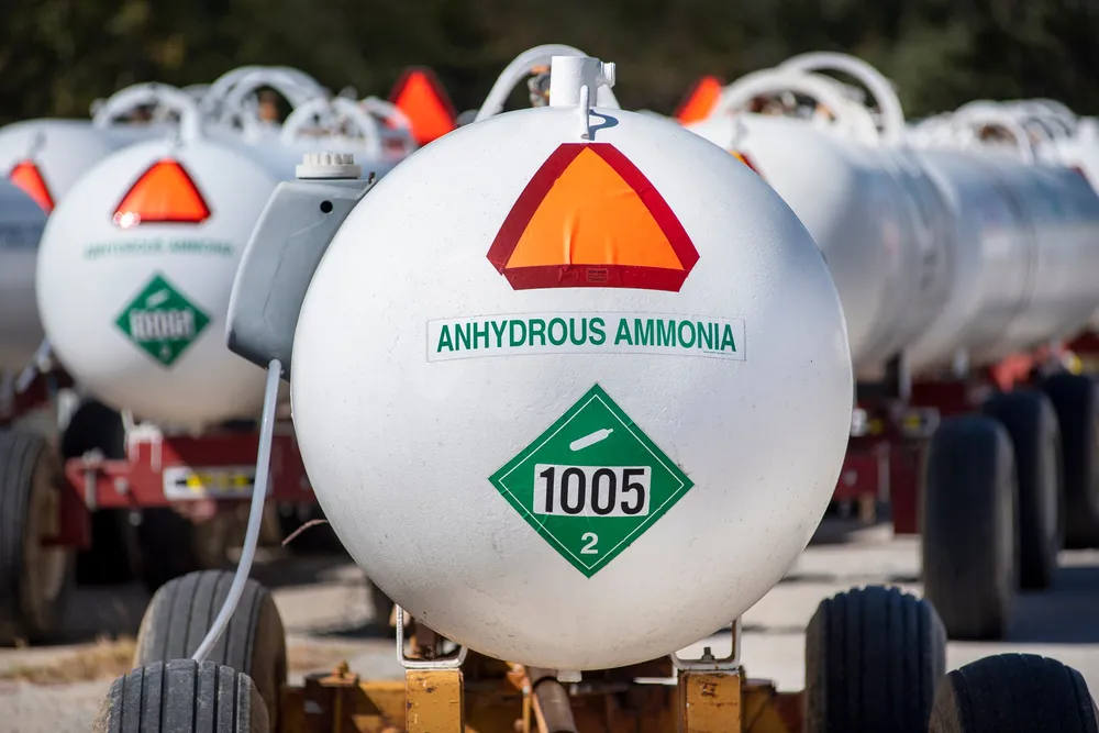 Farm trailers in Illinois containing pure ammonia ('anhydrous' means 'without water') to be used directly as a fertiliser.