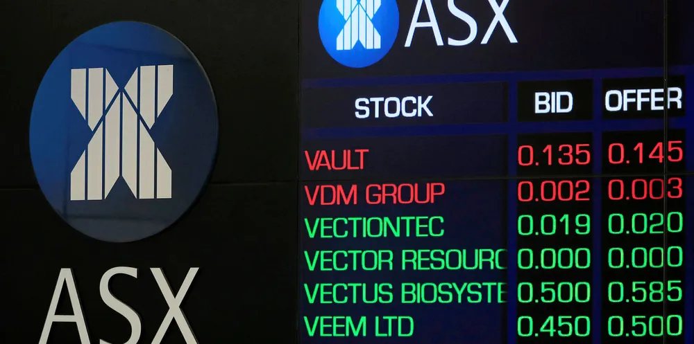 An electronic display of stocks is seen at the Australian Stock Exchange.