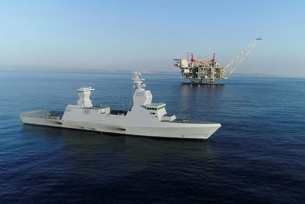 An Israeli naval vessel next to Chevron's Leviathan gas platform in 2020.