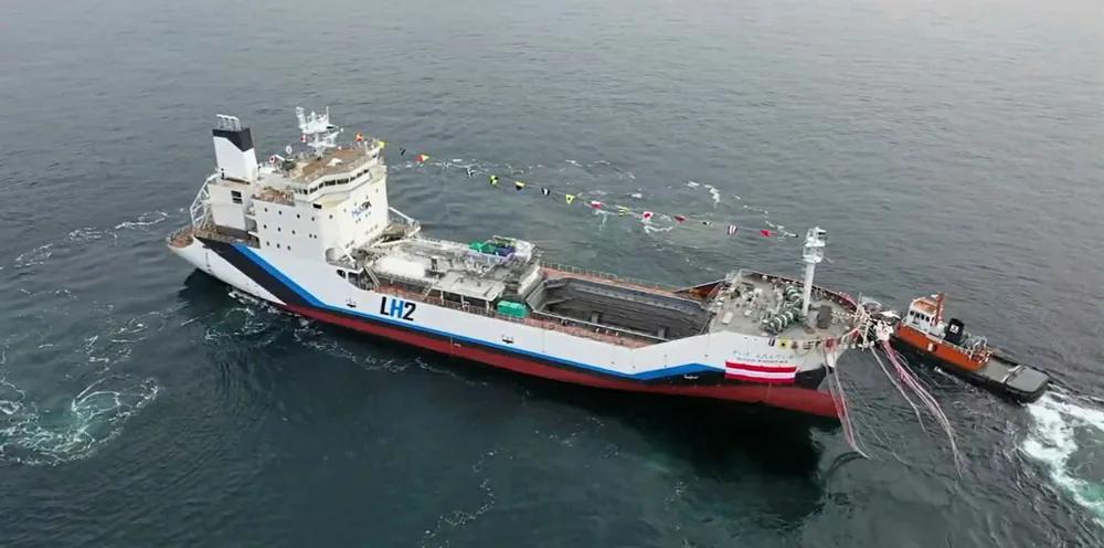 The world's first liquiefied hydrogen carrier, the Suiso Frontier, which was launched on December 11 in Kobe, Japan. Its hydrogen tank is yet to be installed, hence the large octagonal 'hole' seen here.