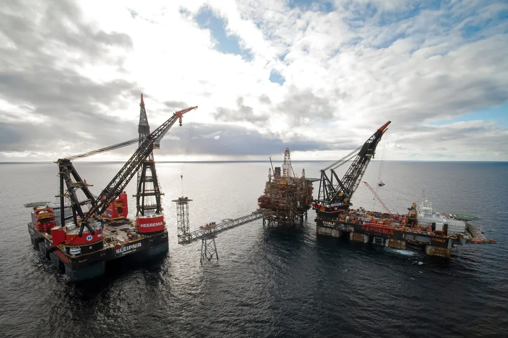At work: Heerema's vessel duo Thialf and Sleipnir at the Brae Bravo platform off the UK