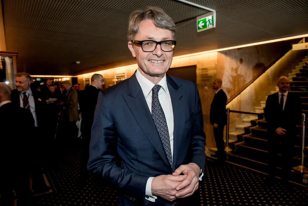 Aker-sjef Øyvind Eriksen på vei inn til festmiddag på Grand hotell i anledning sentralbanksjefens årstale 2018 tidligere i år. Foto: Gorm K. Gaare