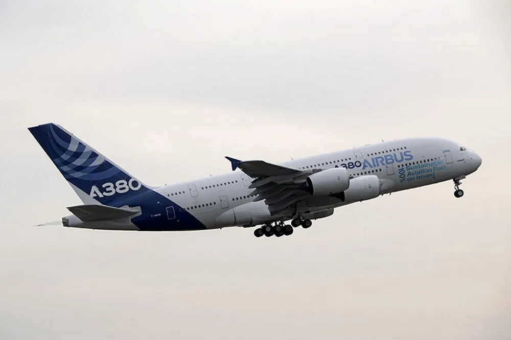 An Airbus A380, the first to be 100% fuelled by sustainable aviation fuel, taking off in 2022.
