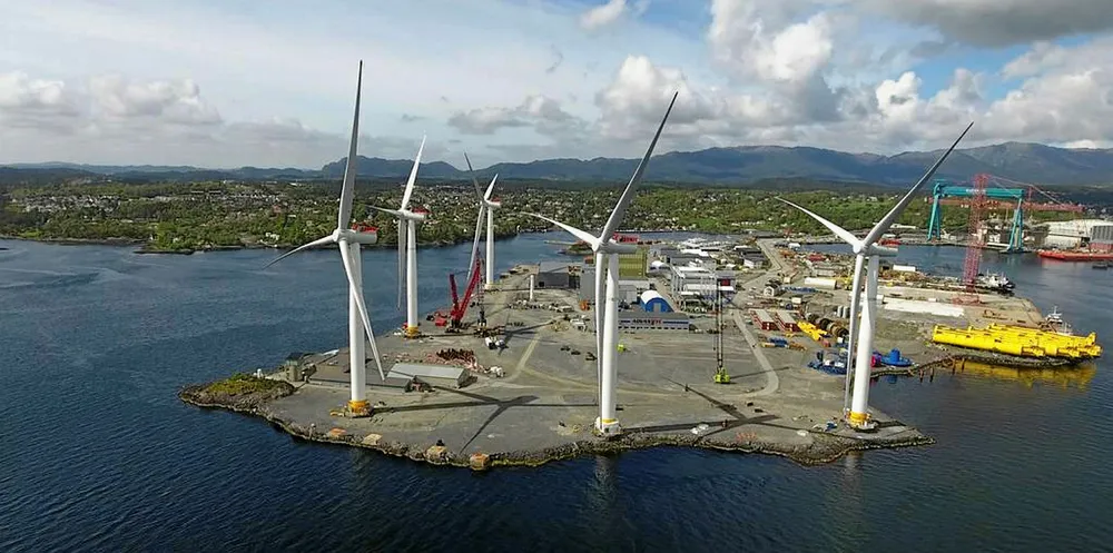 Hywind Scotland turbines assembled onshore in Norway awaiting mating to floating spar foundations