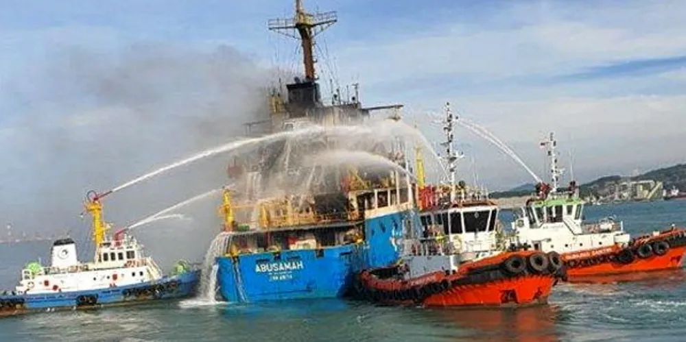 The bulker Abusamah on fire off Indonesia.