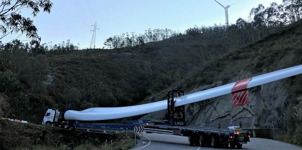 A blade on its way to a wind farm built by Iberdrola in Asturias.