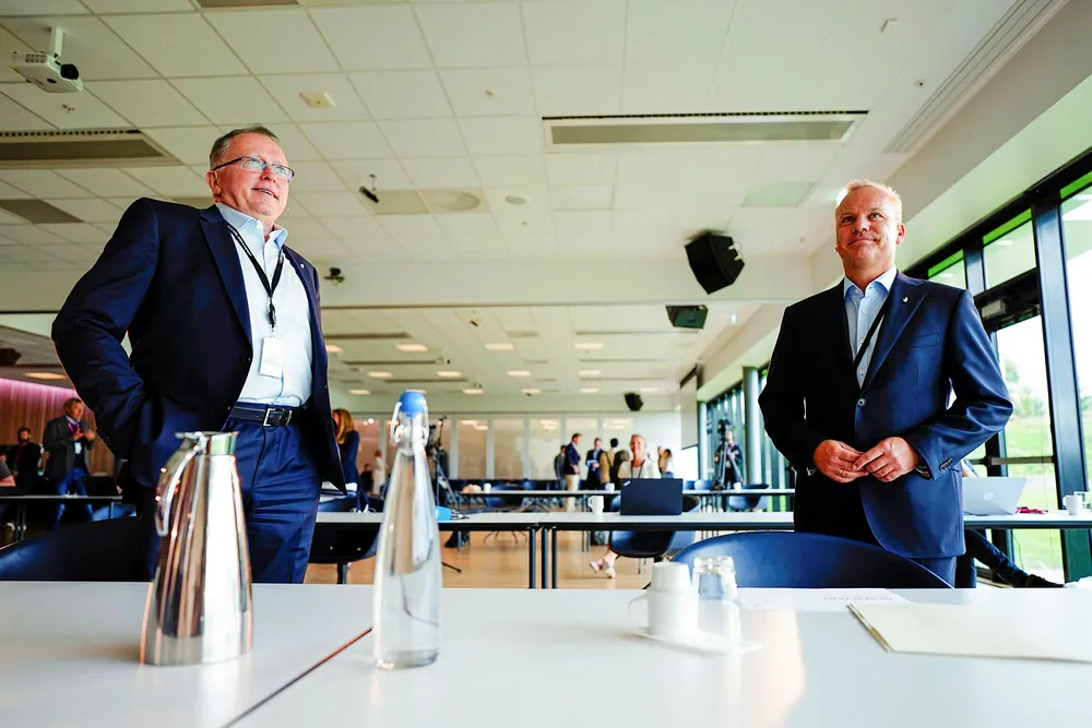 Transition: current Equinor chief executive Eldar Saetre (left) and incoming head Anders Opedal (right) this week