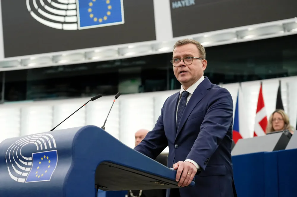 Finland's Prime Minister Petteri Orpo speaking at the European Parliament.
