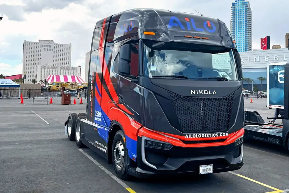 An AiLO-branded Nikola Tre FCEV at the Advanced Clean Transportation (ACT) Expo in Las Vegas