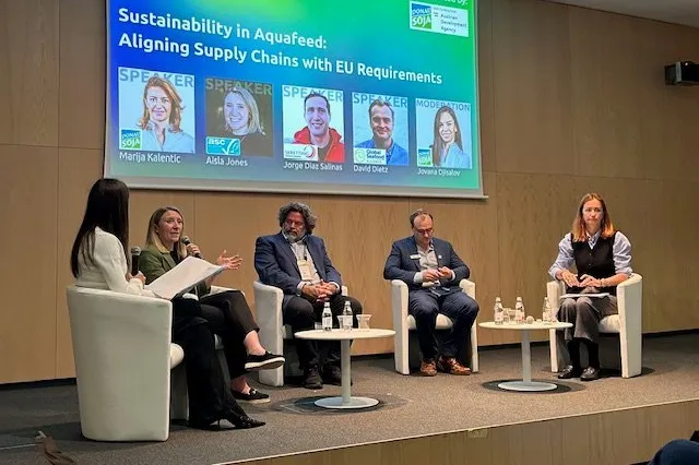 Seafood Expo Global ran a session on EUDR on May 7, featuring (left to right): ASC Market Development Manager UK & Ireland Aisla Jones; Skretting Norway Sustainability and Public Affairs Manager Leif Kjetil Skjæveland (who stood in for Global Sustainability Manager Jorge Diaz Salinas, pictured on the screen); Global Seafood Alliance Manager of Standards Oversight David Dietz; Donau Soja Executive Director Marija Kalentic.