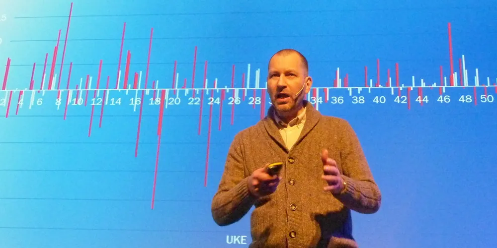 De røde strekene på Arild Kvangarsnes’ plansje viser prisendringene per uke de to siste årene mot 2014/2015. Større prissvingninger, spesielt i første halvår, er konsekvensen av at slakteuttaket blir stadig mer ujevnt fordelt utover året.