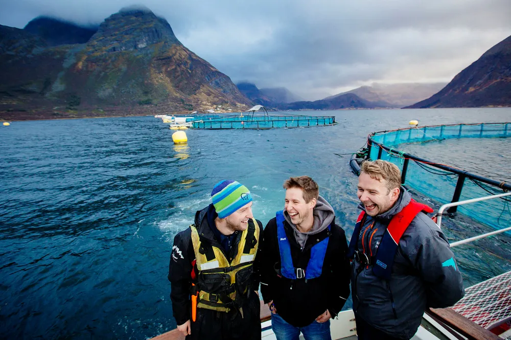 Brødrene Håvard Olsen og Gjermund Olsen, sammen med svoger Alf-Gøran Knutsen (til høyre), er trekløveret som styrer Kvarøy Fiskeoppdrett på Helgeland.